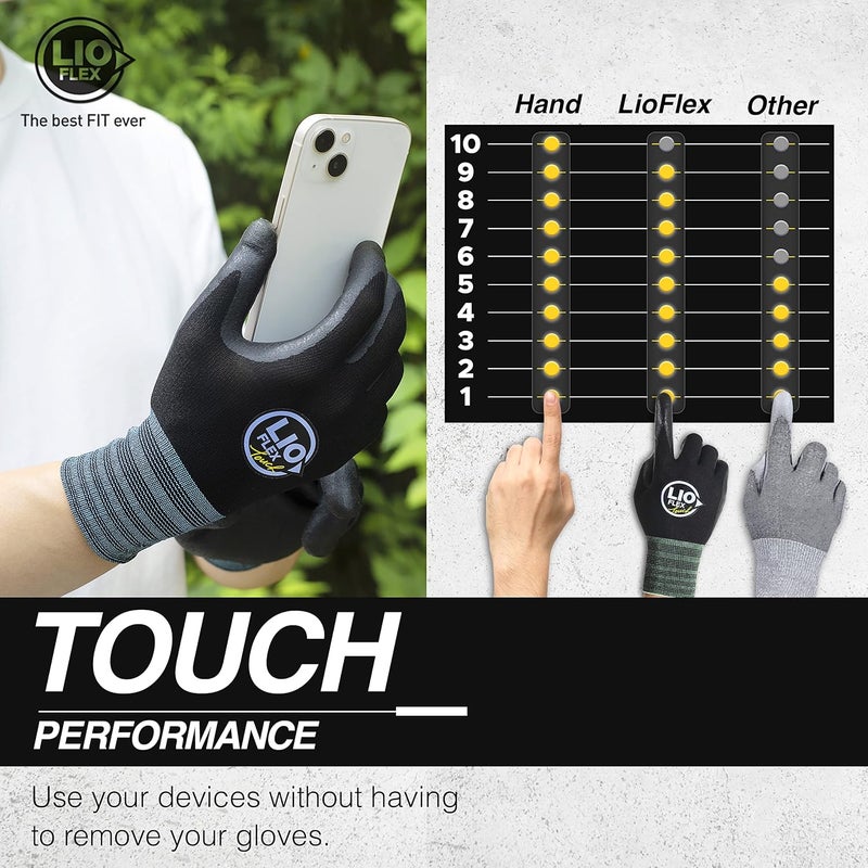 LIO FLEX Safety Work Gloves with Touchscreen Fingers, 1 Pair Thin & Lightweight Working Gloves, Ideal for Warehouse Workers, Delivery Drivers, Nitrile Foam Coated Grip Gloves for Women and Men (Black, M) - Image 4